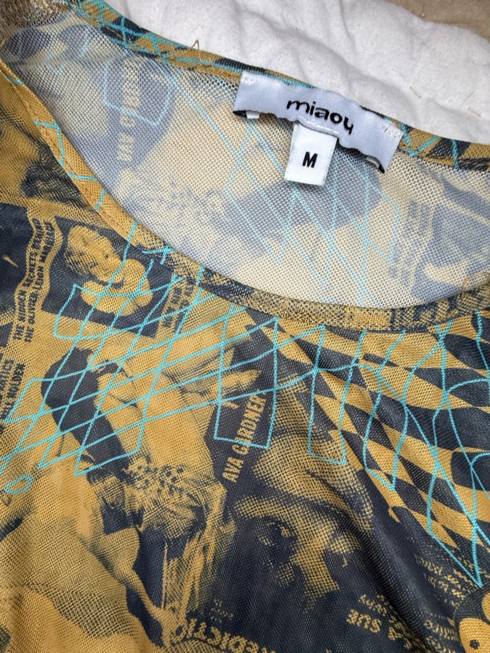 Miaou Mesh Long Sleeve Graphic Top Sheer Y2K Abstract Print - Picture 3 of 3